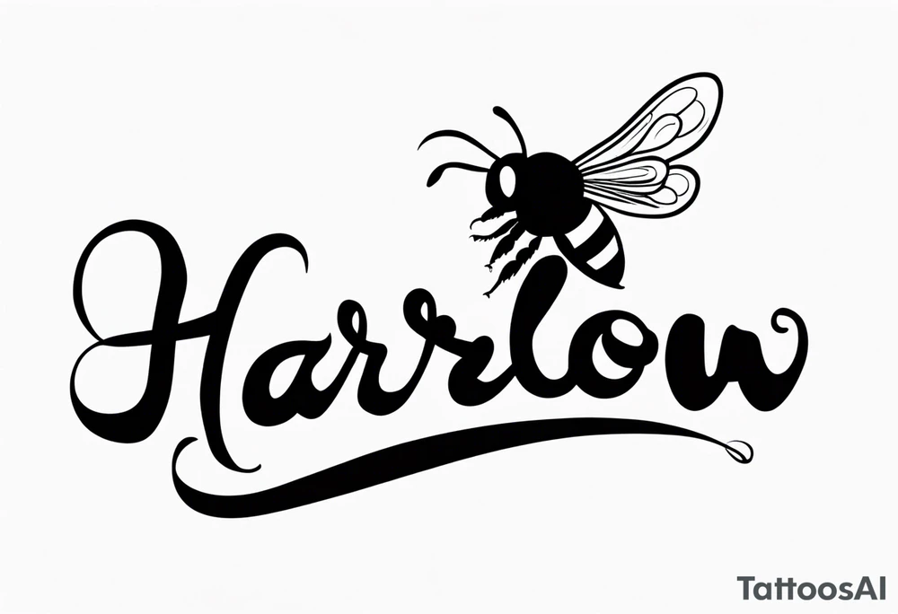 Harlow written in cursive and then a bumblebee flying off the end of the w at the end of the name tattoo idea