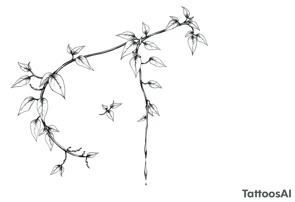 very long twisted plant with long leaves, dripping like ink, growing up under the breasts tattoo idea