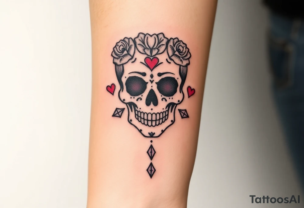 day of the dead skull with hearts and diamonds tattoo idea