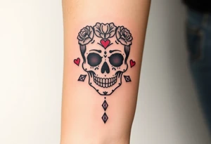 day of the dead skull with hearts and diamonds tattoo idea