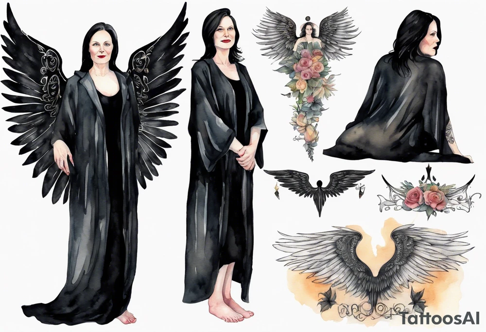 a beautiful 50 year old Dakota woman with pale skin wearing a black robe with black angel wings, bare feet tattoo idea