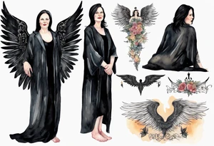 a beautiful 50 year old Dakota woman with pale skin wearing a black robe with black angel wings, bare feet tattoo idea