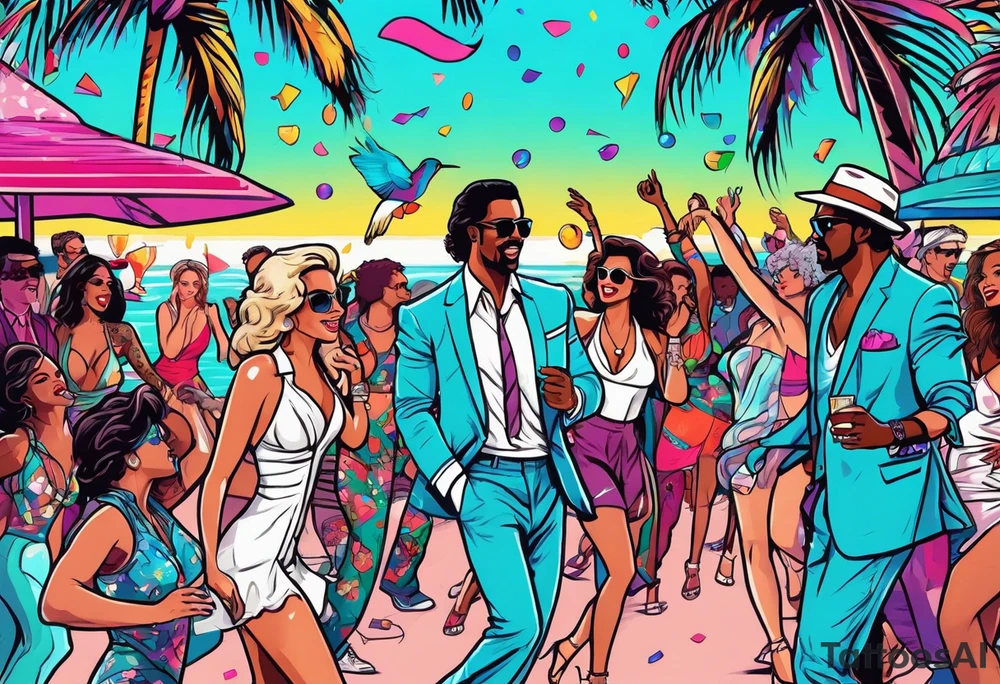 1980's miami vice style beach dance 
party, include confetti, music notes, boom box tattoo idea