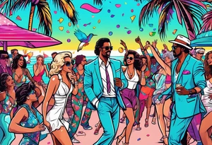 1980's miami vice style beach dance 
party, include confetti, music notes, boom box tattoo idea