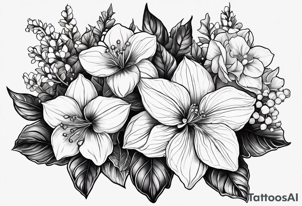 Hydrangea, Narcissus, Poinsettia, Holly, Gladiolus, Poppy, Daisy, Sweet Pea floral tattoo idea