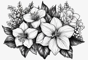 Hydrangea, Narcissus, Poinsettia, Holly, Gladiolus, Poppy, Daisy, Sweet Pea floral tattoo idea