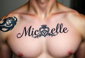 Design a tattoo for a man’s chest of a woman’s name (Michelle). Incorporate a subtle Irish Claddagh tattoo idea