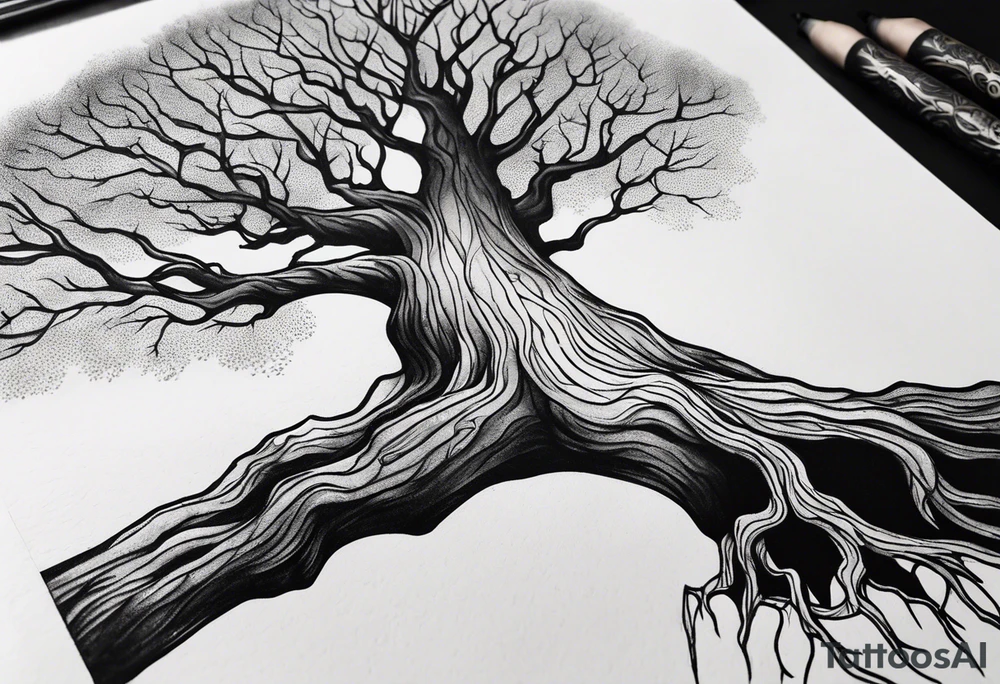 Dead tree arm sleeve tattoo idea