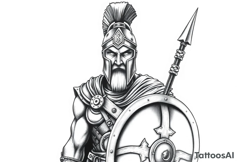 Spartan soldier, stoic face, holding a spear and shield, realism style. tattoo idea