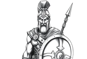 Spartan soldier, stoic face, holding a spear and shield, realism style. tattoo idea