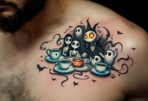 Tim Burton’s haunted tea party features pale blue porcelain cups floating around ghostly characters in foggy grays. tattoo idea