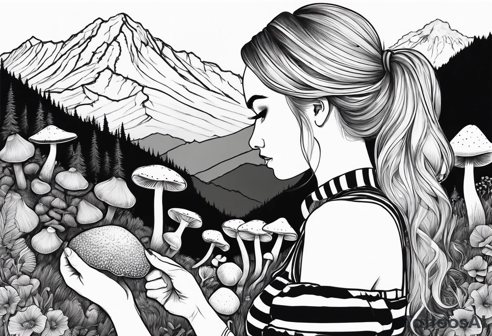Straight blonde hair girl holding mushrooms in hand facing away toward mountains surrounded by mushrooms circular design black and white striped dress tattoo idea