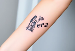 Greek black goddess Hera holding a baby in her right an a Draco with drum in the left hand tattoo idea