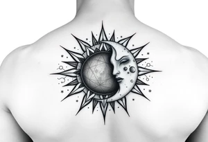 celestial sun and moon embrace with constellation patterns tattoo idea