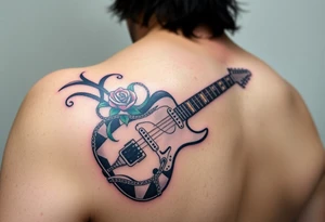 A detailed electric guitar with silver strings, draped in chains, with a rose blooming from the neck, symbolizing the power of love and music together tattoo idea