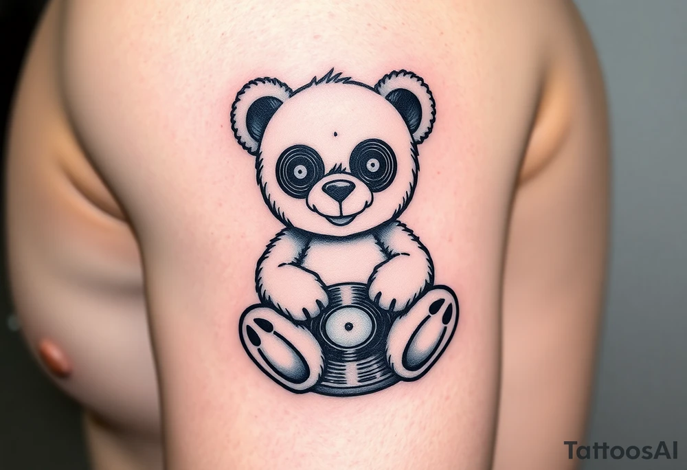 minimalist teddy bear with vinyl records as eyes smiling and sitting on a record tattoo idea