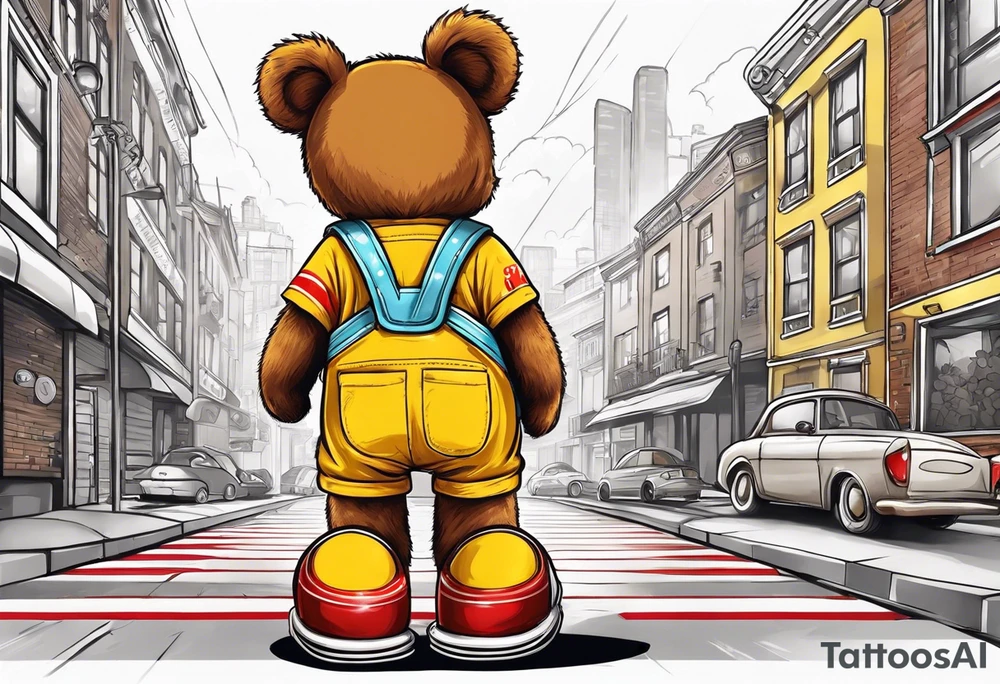 the back of one standing, skinny, brown ,
teddy bear in long, yellow overalls and white roller skates with red stripes on his feet tattoo idea