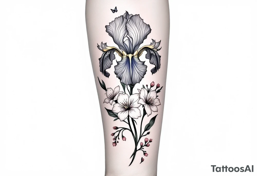 tatoo on forearm with Irises flowers, cherry blossom and a little butterfly tattoo idea
