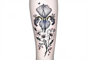tatoo on forearm with Irises flowers, cherry blossom and a little butterfly tattoo idea
