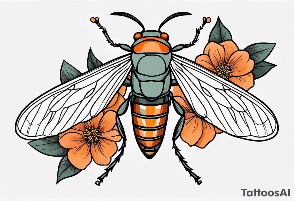 Neo traditional Cicada with orange flowers tattoo idea
