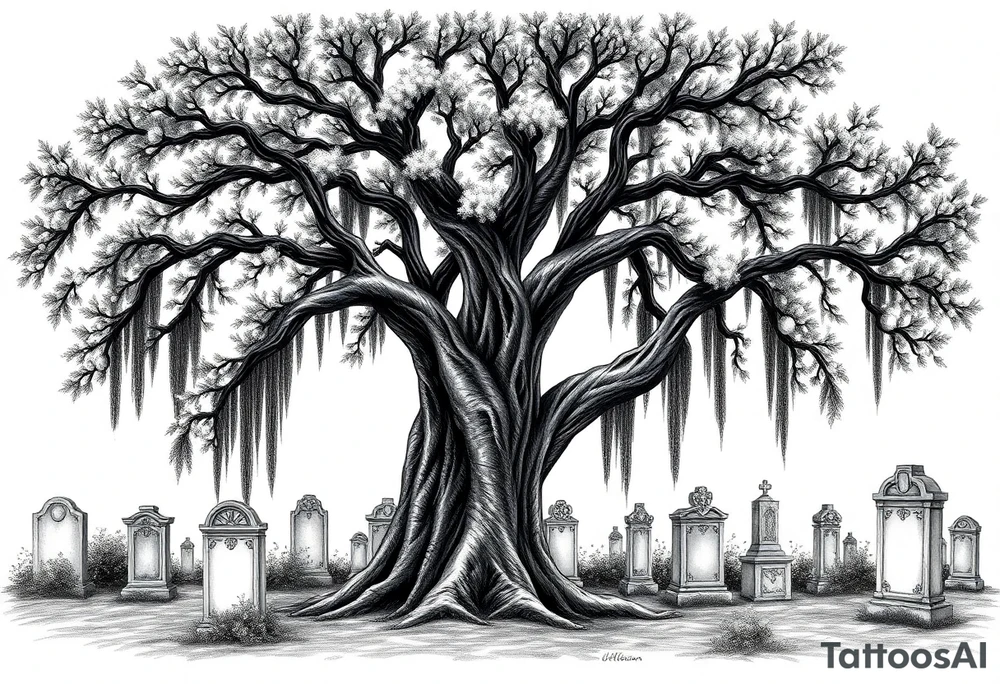 Laurel oak with Spanish moss in a cemetery tattoo idea