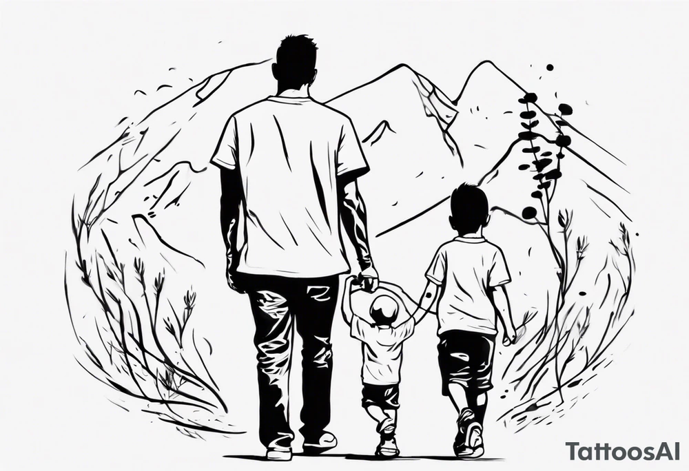 dad and son walks away contour tattoo idea
