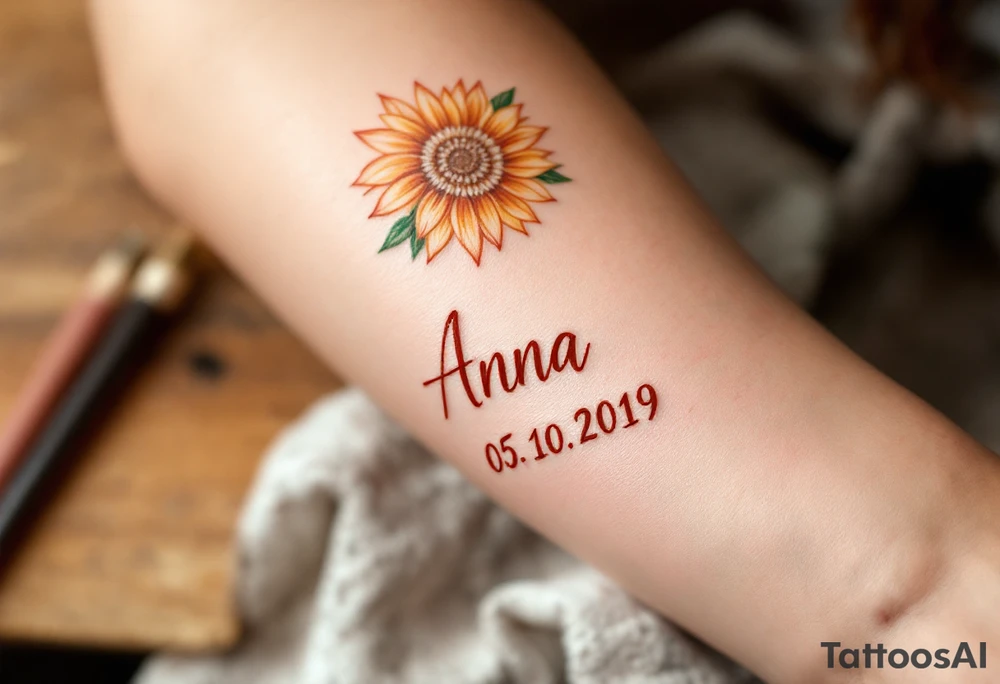 Anna 05. 10. 2019 – A warm orange sunflower design, with Anna's birthdate in bold rust-colored script, complemented by green leafy details. tattoo idea