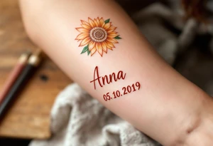 Anna 05. 10. 2019 – A warm orange sunflower design, with Anna's birthdate in bold rust-colored script, complemented by green leafy details. tattoo idea