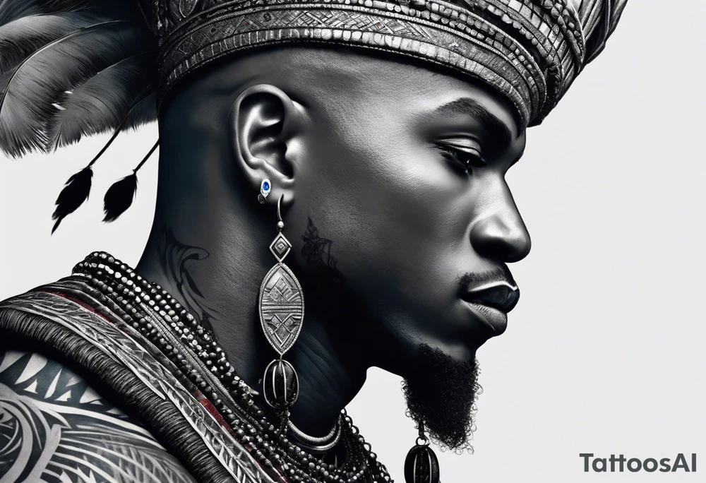 Black-skinned bald african warrior. He wears  a small silver crown. He wears two simple necklaces: one blue, other red. Looking front tattoo idea