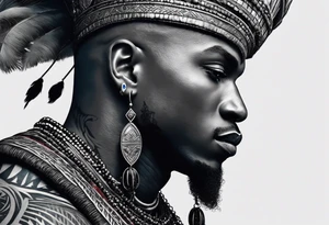 Black-skinned bald african warrior. He wears  a small silver crown. He wears two simple necklaces: one blue, other red. Looking front tattoo idea