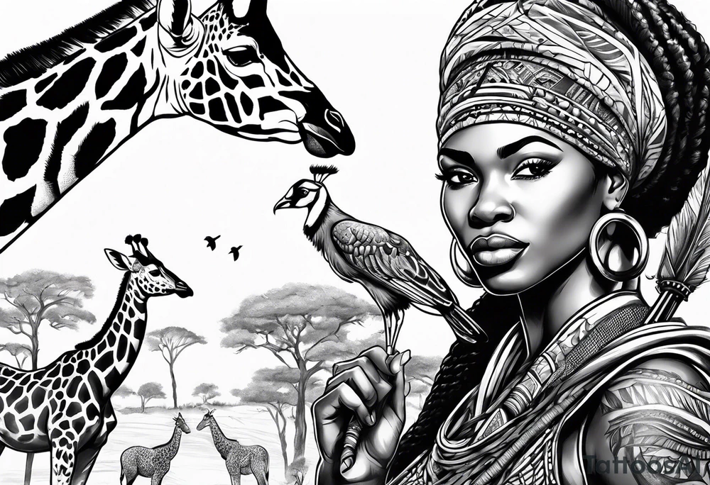 African woman warrior holding a spear with birds and giraffe in the background tattoo idea