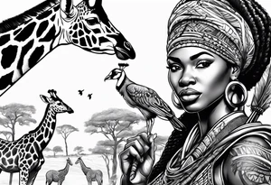 African woman warrior holding a spear with birds and giraffe in the background tattoo idea