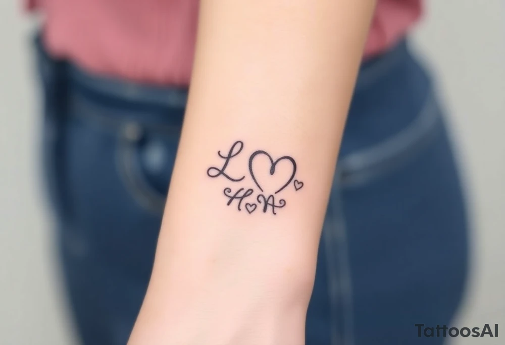 wedding ring tattoo with initials L and M and hearts tattoo idea