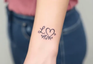 wedding ring tattoo with initials L and M and hearts tattoo idea
