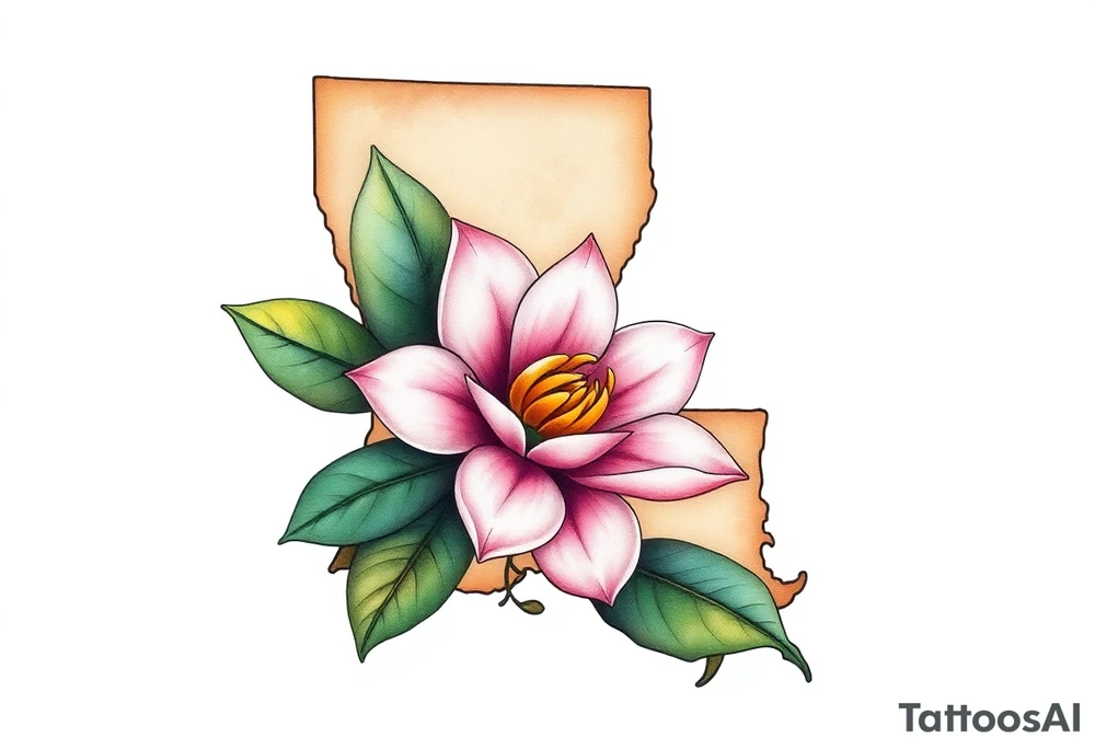 State or louisiana with magnolia flower in tooled leather tattoo idea