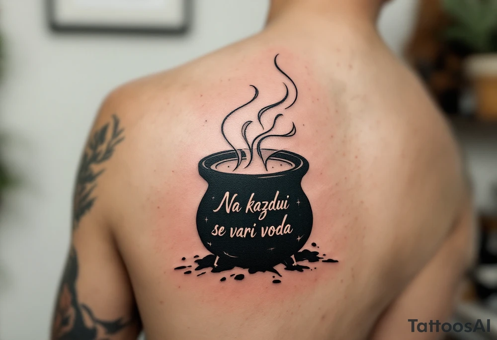 "Na kazdou Svini se vari voda." — A boiling cauldron with a pig silhouette formed in steam, inked in dark greens and browns, and the quote spiraling upward. tattoo idea