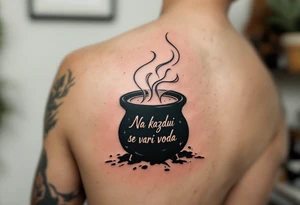 "Na kazdou Svini se vari voda." — A boiling cauldron with a pig silhouette formed in steam, inked in dark greens and browns, and the quote spiraling upward. tattoo idea