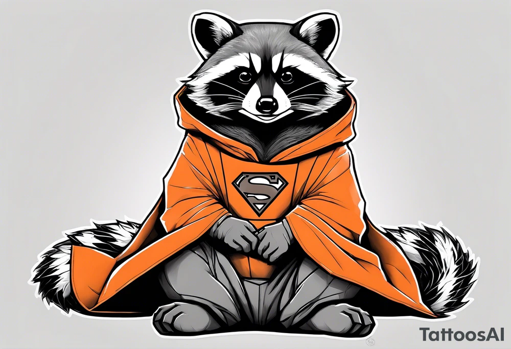 Raccoon wearing an orange Superman hoodie tattoo idea