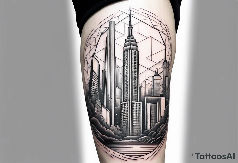 City with tall building leg sleeve tattoo idea