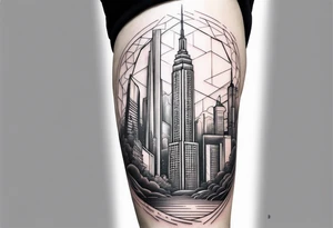 City with tall building leg sleeve tattoo idea