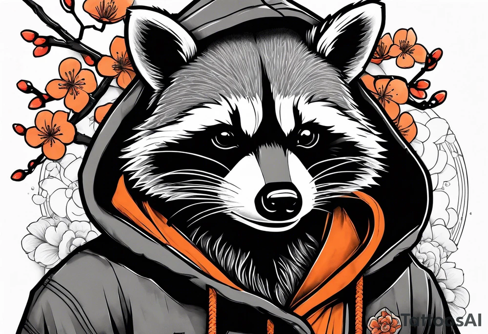 Raccoon wearing a white Superman logo on a black hoodie and orange Japanese cherry blossoms beside tattoo idea