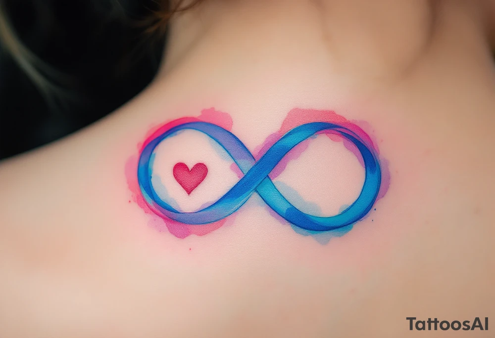 A watercolor-style infinity loop in shades of blue and pink, with a small heart nestled in the center. tattoo idea