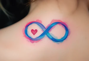 A watercolor-style infinity loop in shades of blue and pink, with a small heart nestled in the center. tattoo idea