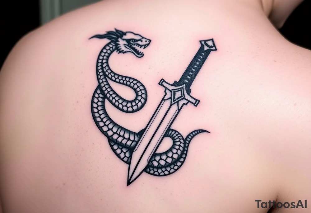 mystical snake coiled around an ancient dagger with jeweled hilt tattoo idea