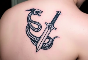mystical snake coiled around an ancient dagger with jeweled hilt tattoo idea