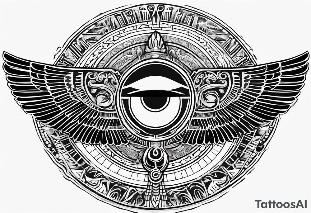 Egyptian winged sun hieroglyphics, solar eclipse, centered tattoo idea