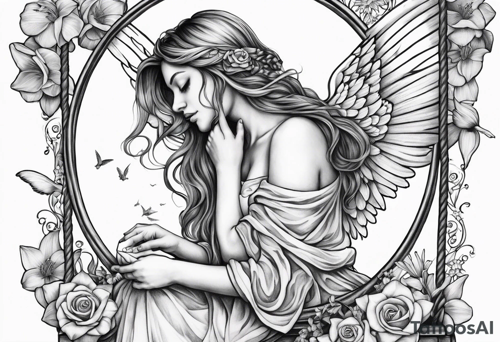 sad angel on swing from behind with head down and face covered by her hair surrounded by lily, daffodil, rose, daisy, narcissus holding a hummingbird tattoo idea