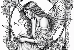 sad angel on swing from behind with head down and face covered by her hair surrounded by lily, daffodil, rose, daisy, narcissus holding a hummingbird tattoo idea