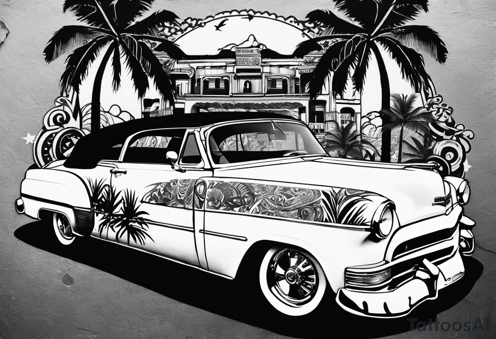 i want the tattoo design to be black and white collage with a mix of urban, graffiti, and street art styles. She must wear a cap with graffiti-style lettering on it.Palm trees are integrated into the background, suggesting a tropical or Californian vibe. Below the woman's portrait, there must be a depiction of a classic lowrider car, adding to the urban feel. The words "Live Now" are written in a dynamic, flowing script across the design, further emphasizing the theme of living in the moment. The overall style is a mix of realism and abstract elements, with splashes, drips, and various textures creating a layered, graffiti-inspired aesthetic tattoo idea