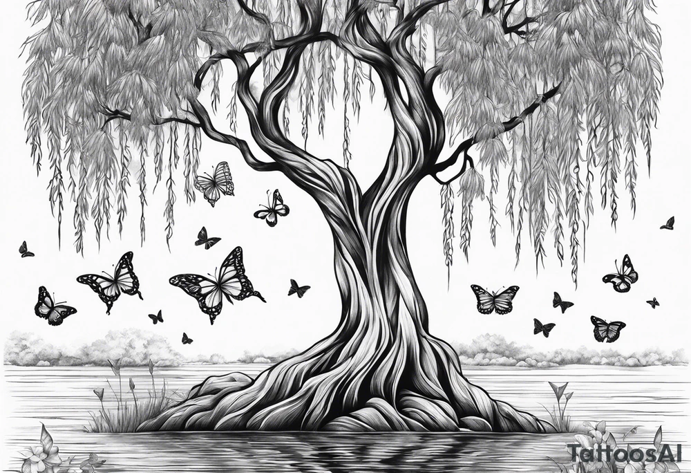 Skinny Weeping willow tree with butterflies tattoo idea